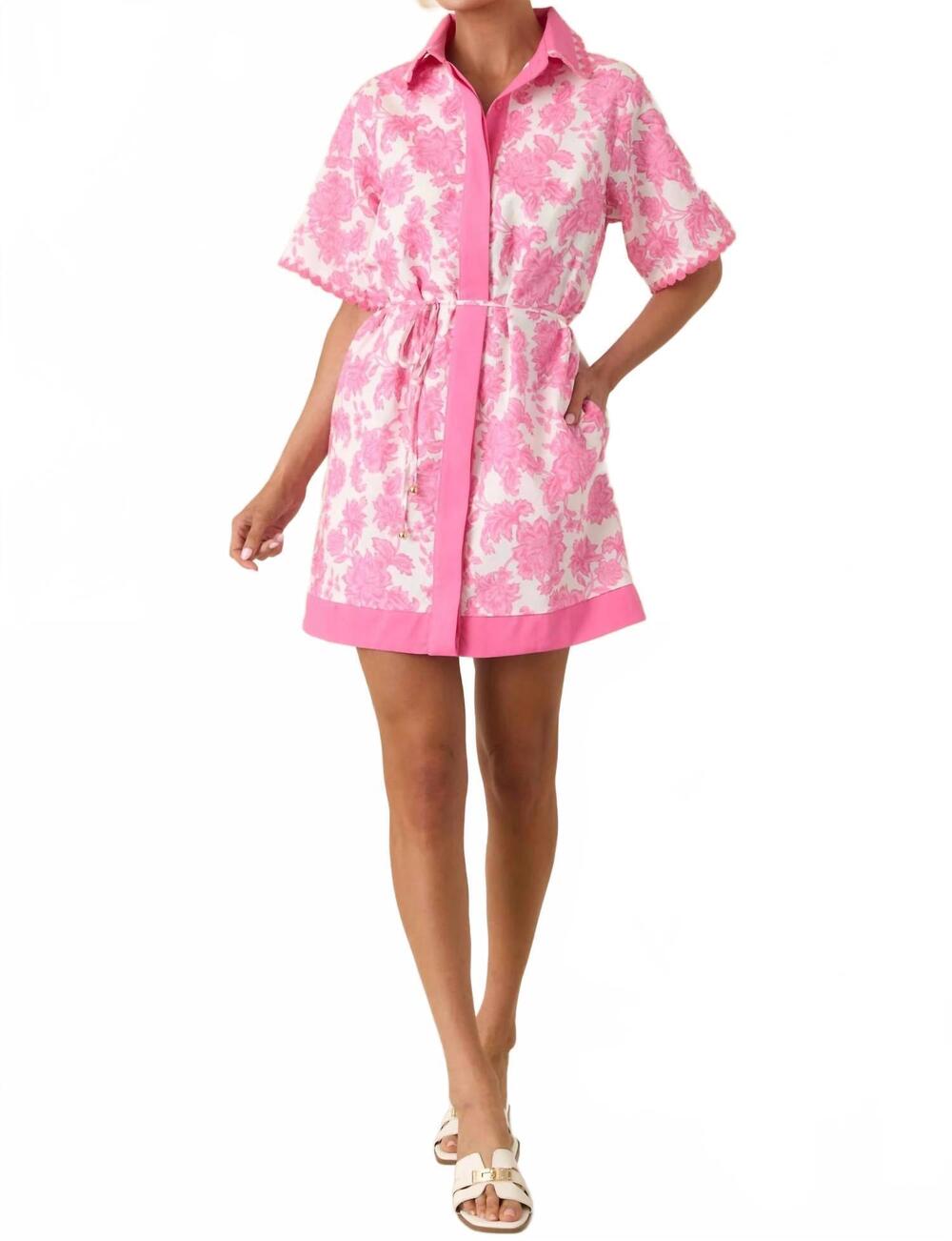 NEW STRUT & BOLT crochet trim shirt dress in pink/white
